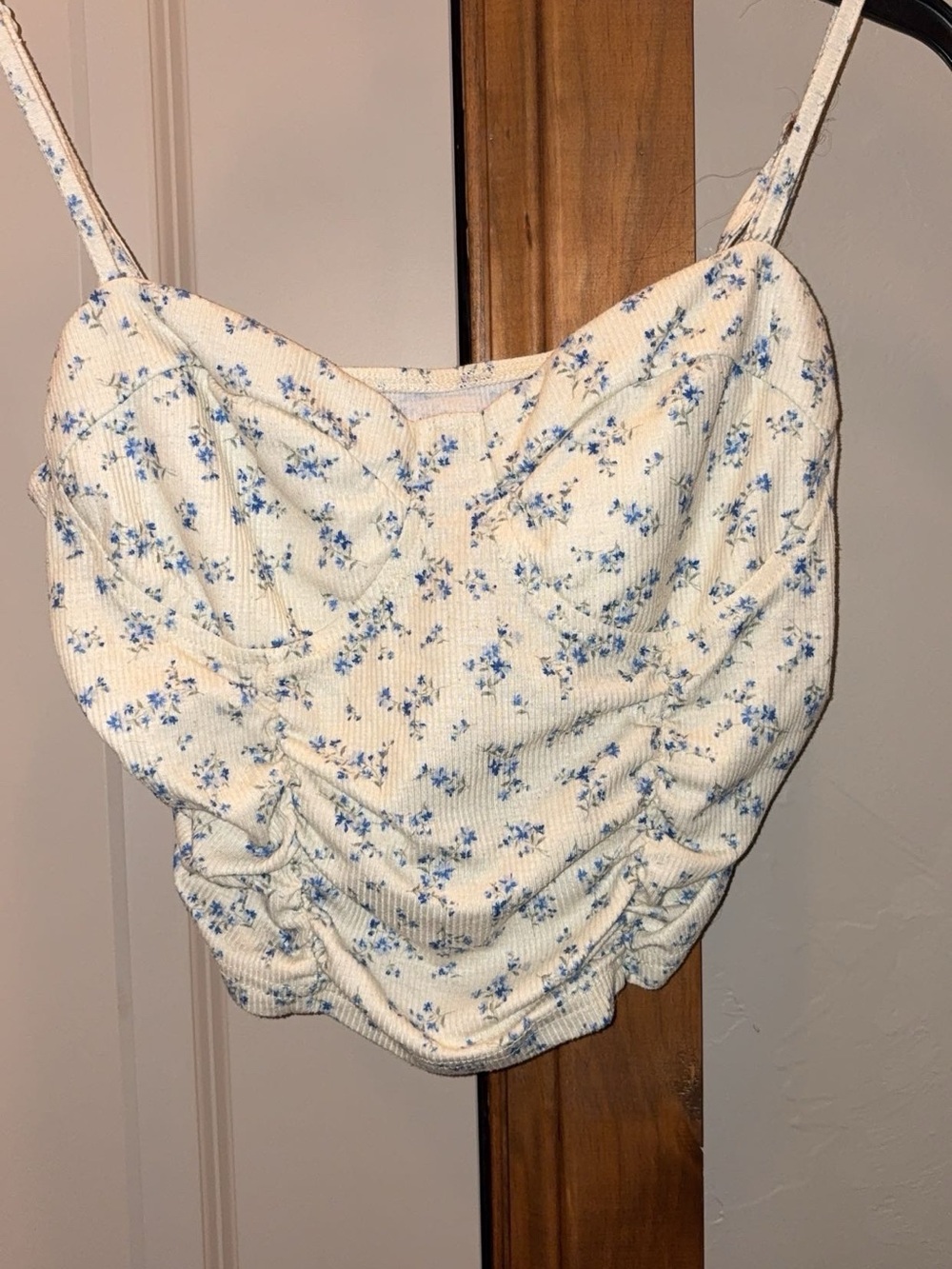 Floral Ruched Cami Top - Cream with Blue Floral